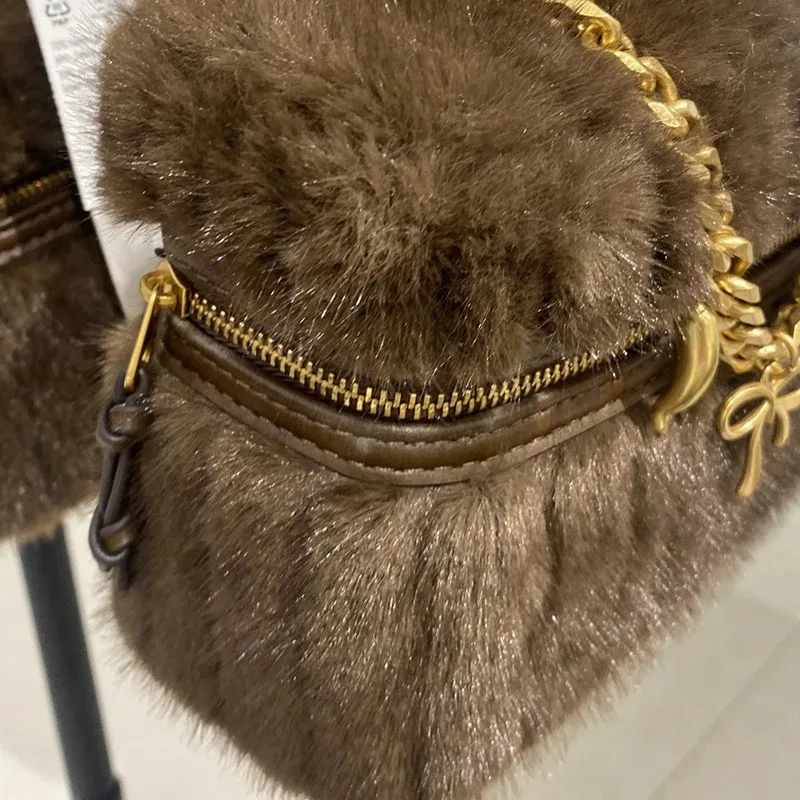 Faux Fur Mini Box Bags For Women Luxury Designer Handbag And Purse New In Polyester Imitation Rex Rabbit Fur Chain Shoulder
