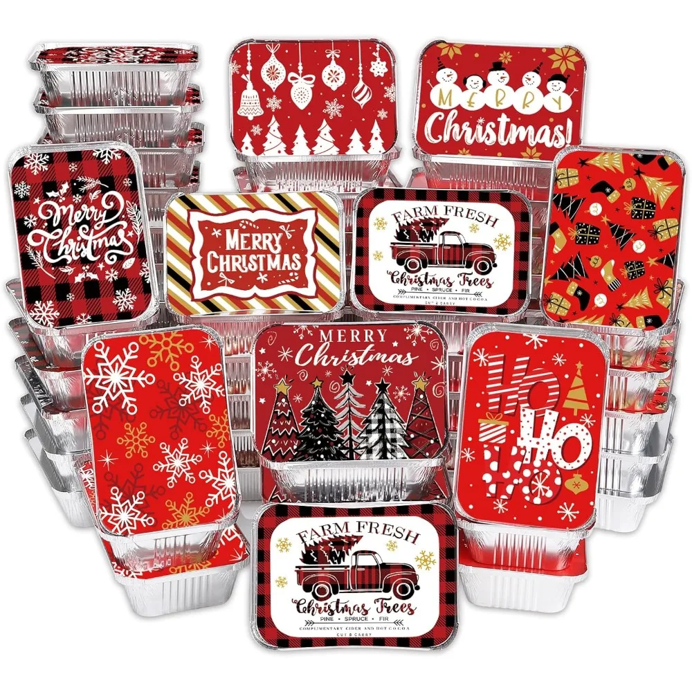 

36PCS Christmas Aluminum Food Containers with Lids 9 Styles Merry Christmas Foil Leftover Containers Disposable Cookie Tins
