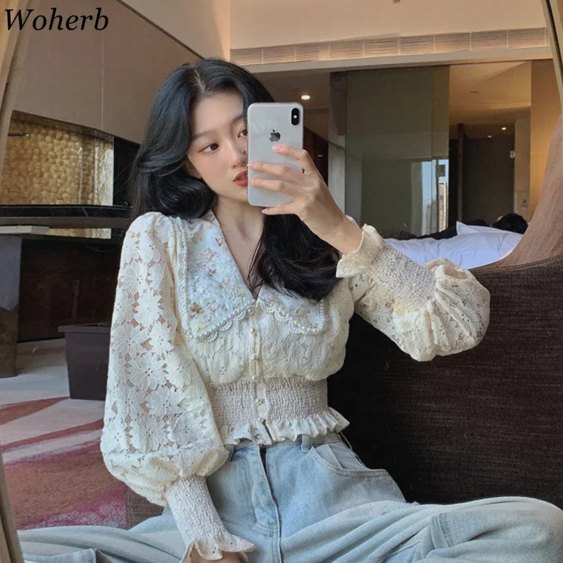 Woherb Embroidery Flower Women Crop Blouse Sexy Long Lantern Sleeve Cropped Shirt Female Chic Korean Blouses Elegant Lady Blusas