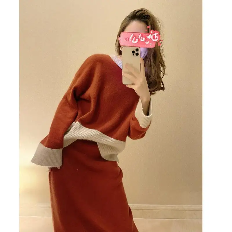 Ternos femininos de malha outono inverno tamanho grande moda coreana nova renda retalhos o pescoço manga longa camisola saia longa 2 peça conjunto
