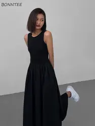 Dresses Women Sleeveless Slim O-neck Solid Black Ankle-length Summer High Street Holiday Korean Fashion Style Vintage Vestido