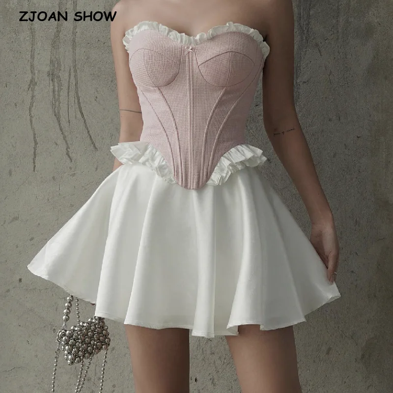 

2024 Sweet Ballet Girl's Bow High Waist A-lined Swing Mini Umbrella Skirt Short Skater Skirts White