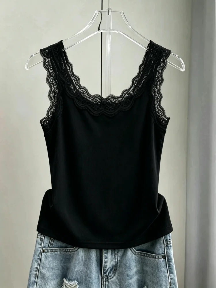 Slim Fit Lace Crop Top Women's Summer Cotton 95% Elastic Tank Vest Breathable Underwear Base Layer Outerwear Casual T-shirt
