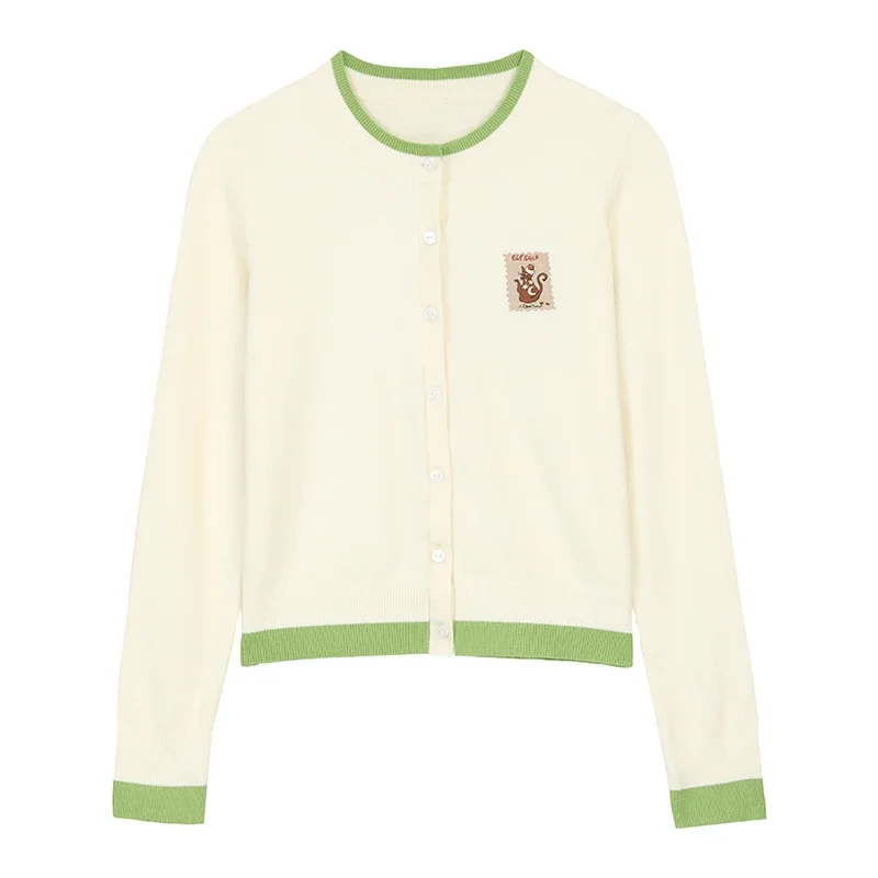 ELFSACK Women's Vintage Cropped Knit Cardigan with Cartoon Patch Embroidered Detail, Contrast Trim Button‑Down Sweater for Daily