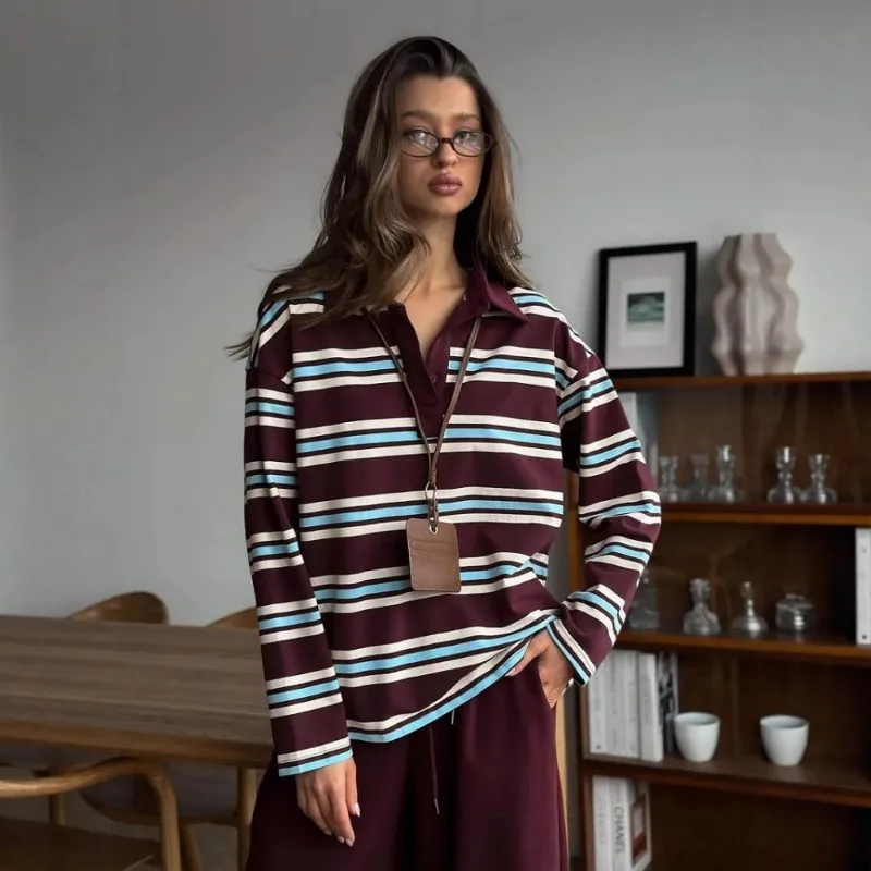 FRAYA LAB Primavera Estate delle nuove donne Retro a righe colletto polo T-shirt a maniche lunghe oversize Trendy Casual Allentato Basic Top Nuovo