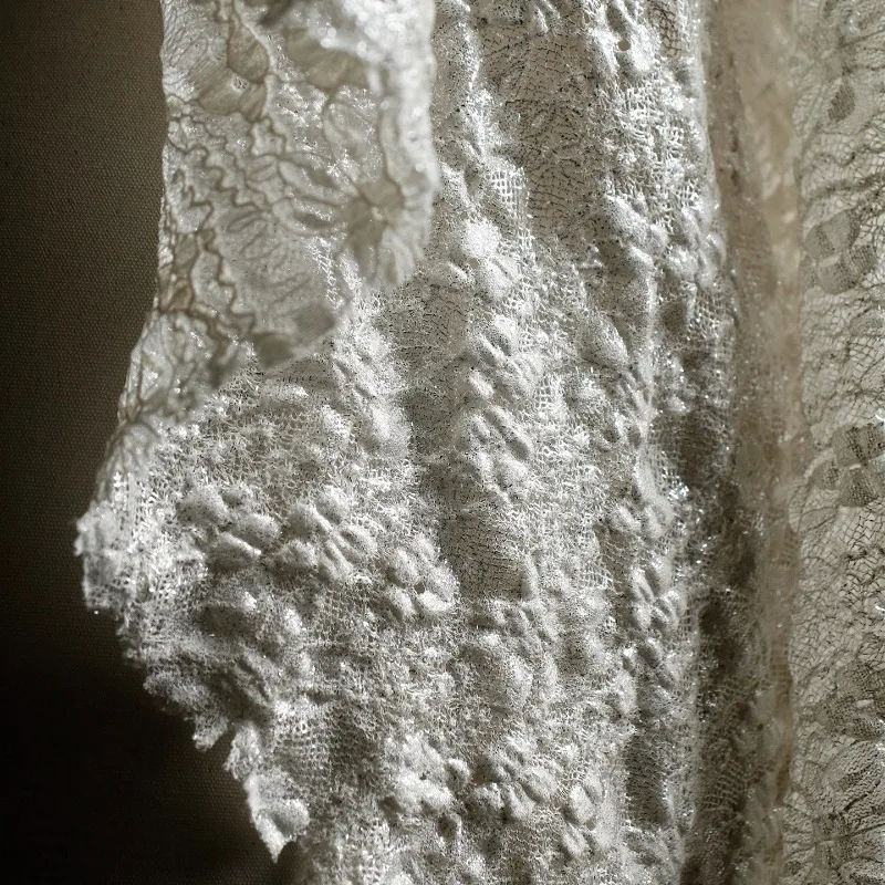 Lace Fabric Textured Sheer Silver Metallic Reef Reef Pattern Vintage Crinkled Soft Lightweight Drapey for Designer DIY Sewing