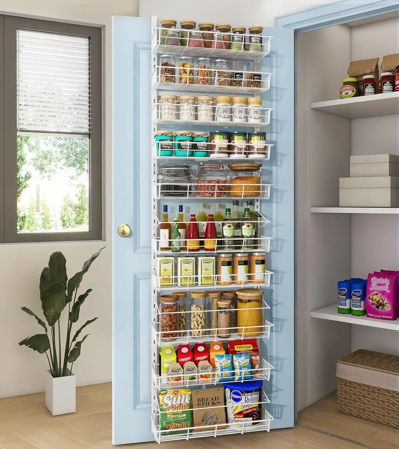 

White 10-Tier Over The Door Pantry Organizer, Adjustable Metal Hanging Basket for Kitchen Storage and Spice Rack Shelves