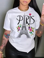 Short-Sleeved Paris Eiffel Tower Printed Crew Neck Casual T-Shirt for Summer Spring Women Aesthetic Clothes