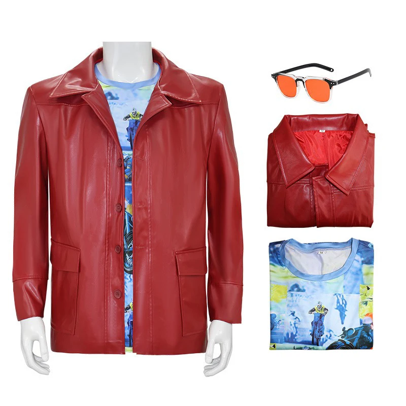 Men Red Leather Jacket Fight Club Tyler Durden Cosplay Costume PU Coat T-shirt Glasses Suit Halloween Party Role Play Outfit view 6
