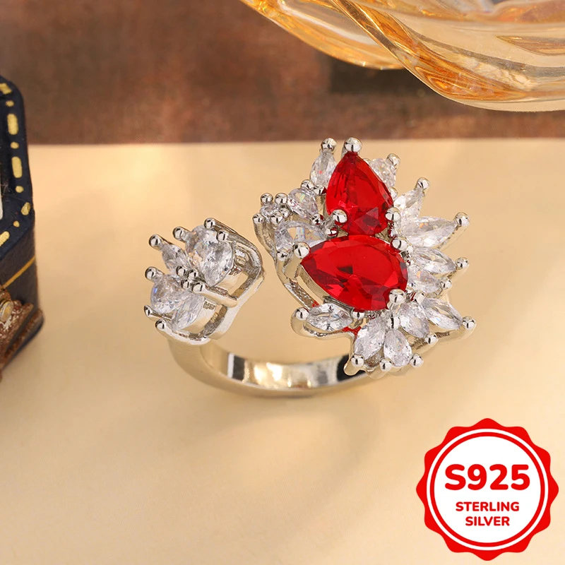 

Creative genuine S925 sterling silver irregular flower ruby ​​full diamond open adjustable ring women's wedding gift jewelry