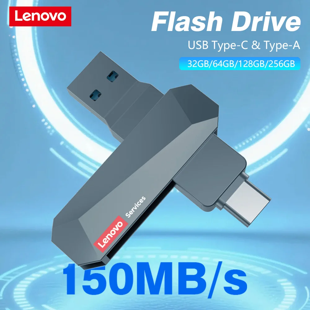 

Флэш-накопитель Lenovo USB 3.2 32/64/128/256 ГБ, металлический корпус, поворотный USB-накопитель Tpye C, высокоскоростной флэш-накопитель 150 МБ/с