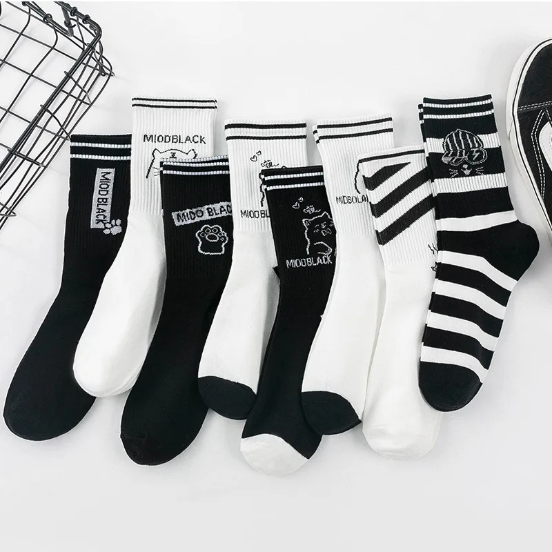 Kawaii Cartoon Cat Men And Women Socks Pure Cotton Black And White Cat Claw Harajuku Striped Simple Soft Fashion Funny Girl Sock