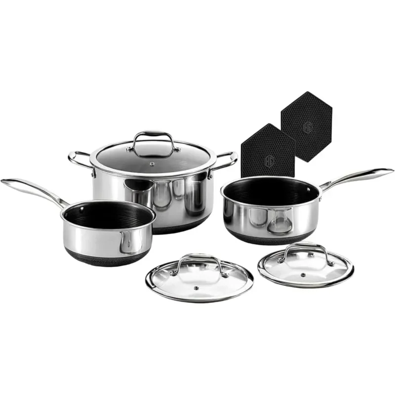 

Hybrid Nonstick 6-Piece Pot Set with Trivets, 2, 3, and 8-Quart Pots with Tempered Glass Lids, 2 Silicone Trivets Included