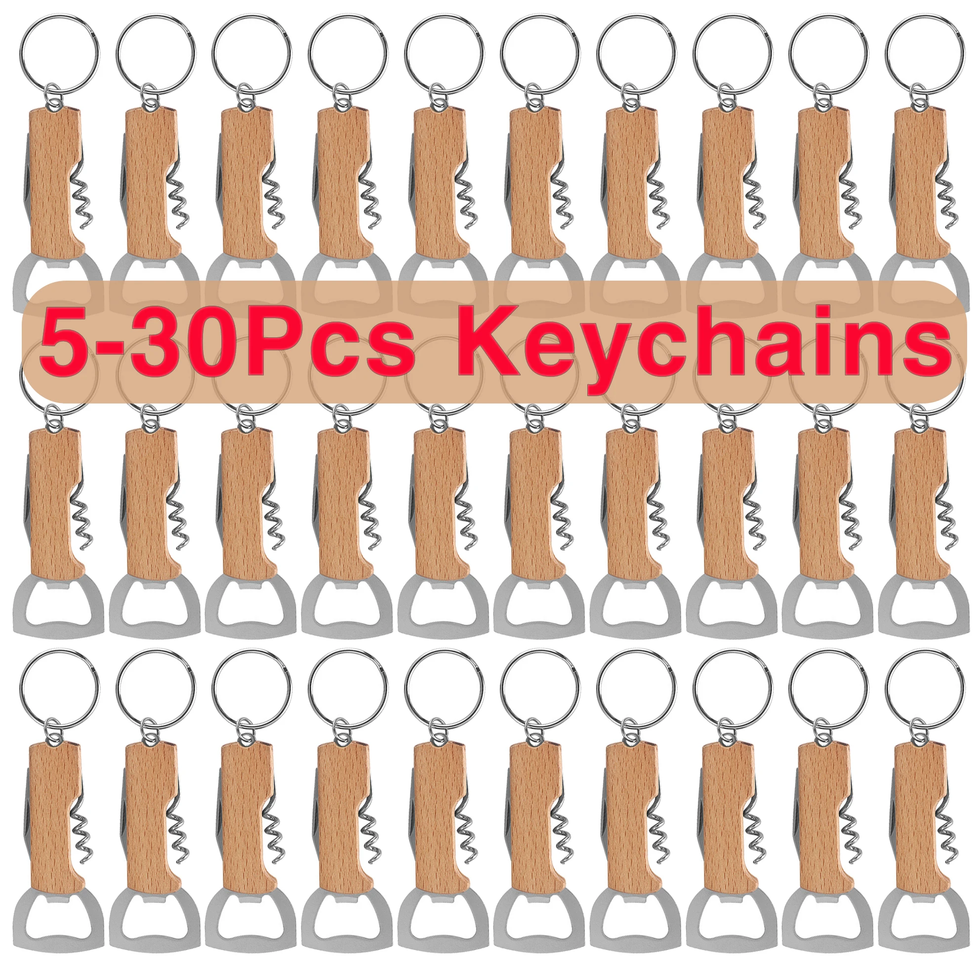 

5-30Pcs Multi-Functional Portable Beer Bottle Opener with Keychains Metal Beech Wood Wine Corkscrew Opener Can Opener Mens Gift