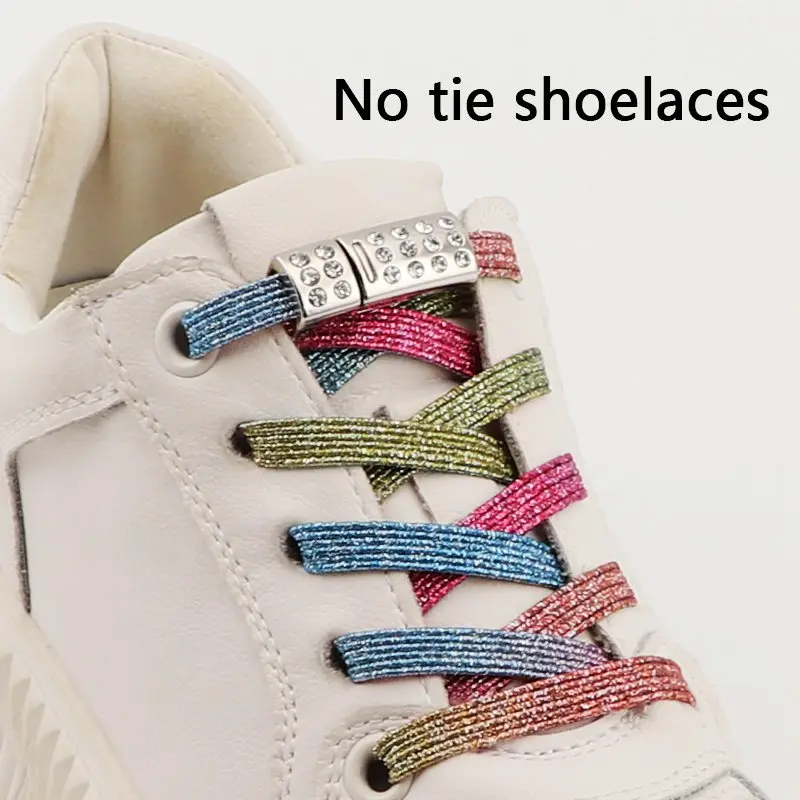 No Tie Shoelace Magnetic Lock Diamond Shoelaces Without Ties Rainbow Elastic Flat Flash Glitter Shoe Laces Sneakers Kids Adult