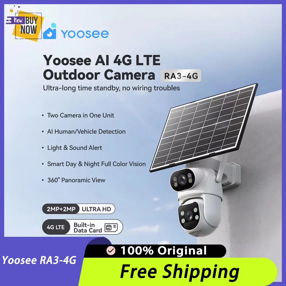 Yoosee RA3-4G AI 4G LTE Solar Power Outdoor Camera 2MP+2MP Ultra HD Built-in Data Card Human Vehicle Detection Dual Lens View