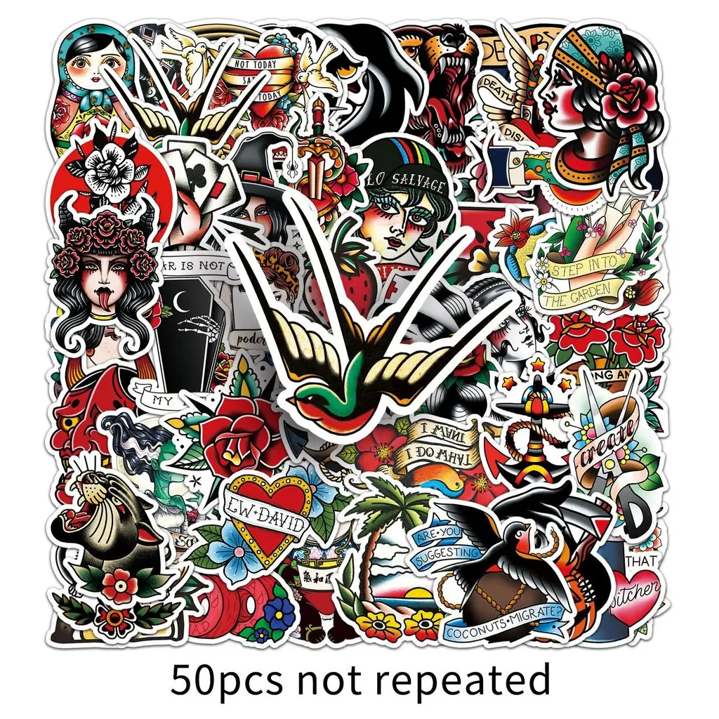 Cartoon Tattoo Themed Sticker Pack 50PCS Versatile Decals For Suitcase Notebook Auto Fridge Craft Decoration AnimeWorlds Store