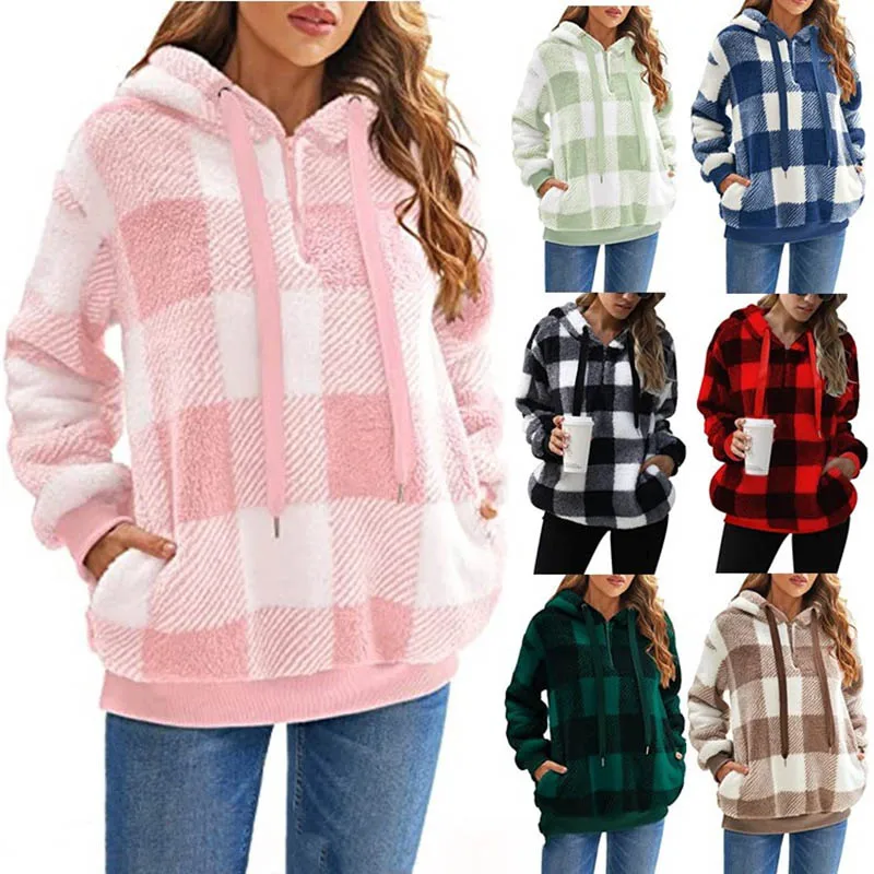 Autumn Hoodie Women\'s Casual Sweatshirt Creative Hoodie Matching Streetwear Plaid Hooded Wool Coat High Quality Hoodie CYXX171