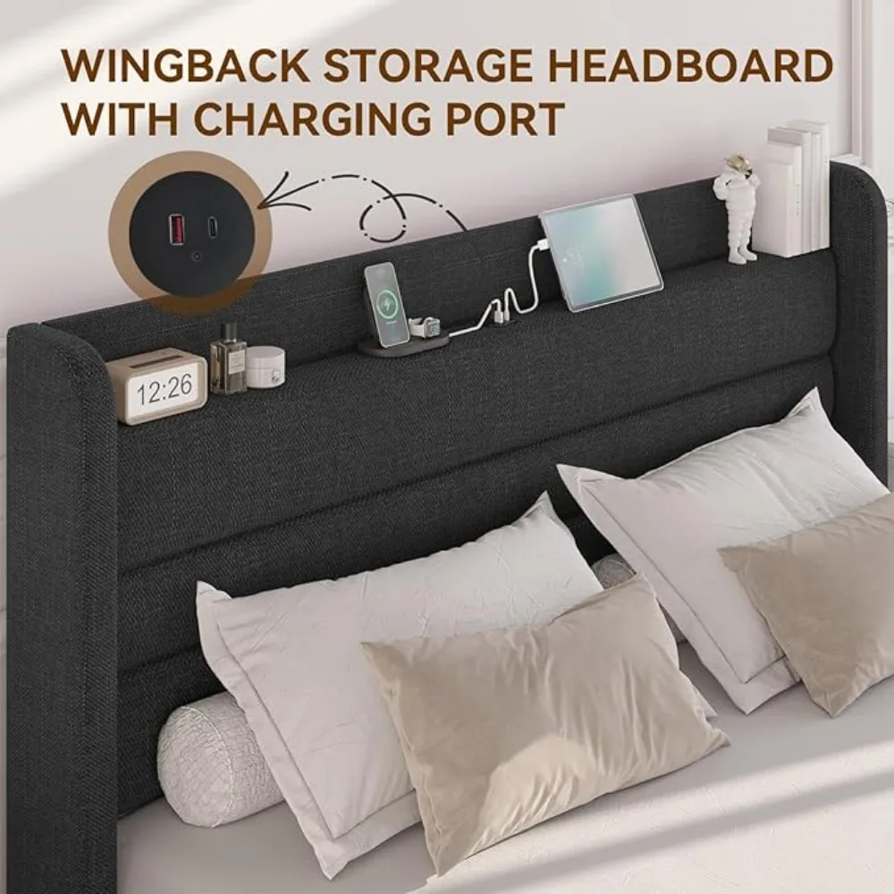 Estrutura de cama com estação de carregamento, portas tipo C e USB, cama king size estofada em linho com prateleira de cabeceira de armazenamento Wingback pesada