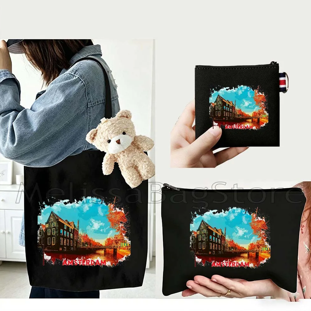 

4PCS Gift Set Amsterdam Netherlands Black Canvas Tote Bag Handbag with Doll Key Coin Purse Cosmetic Makeup Toilet Bag Case Pouch