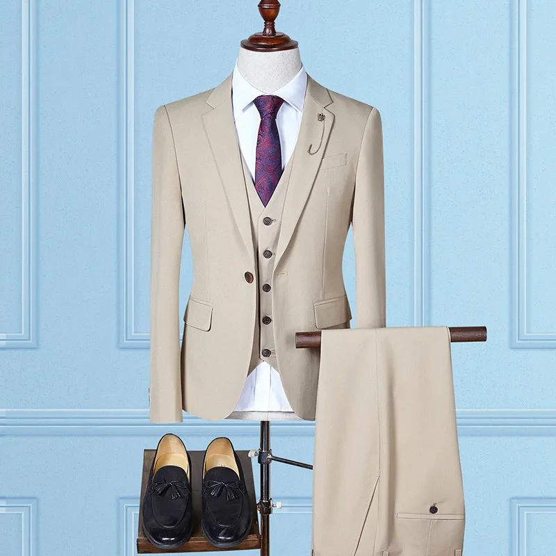 Hot Selling Manufacturer Direct Sales Men's Slim Fit Solid Color Three Piece Set with One Button Casual Men's Hairstylist Suit