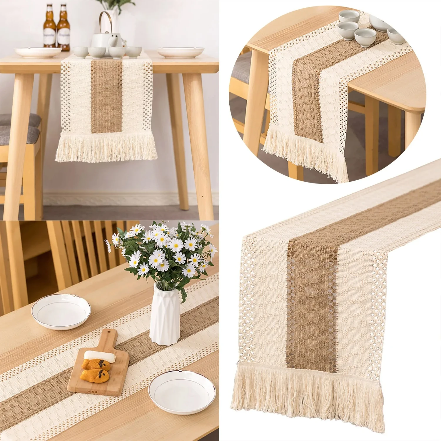 Elegant Vintage Round Cotton And Linen Side Table Tablecloth with Knotted Hollow Fringe - Beautiful Water Table Flag for 2024