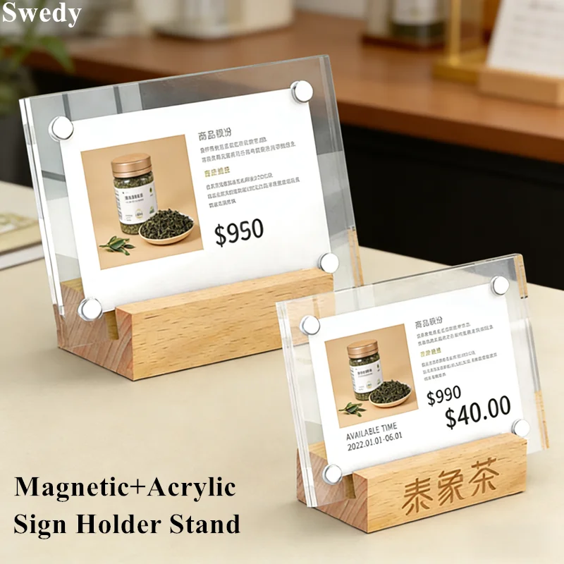 100x70mm Wood Base Magnetic Acrylic Sign Holder Display Stand Small Table Number Menu Poster Holder Price Label Paper Card Tags