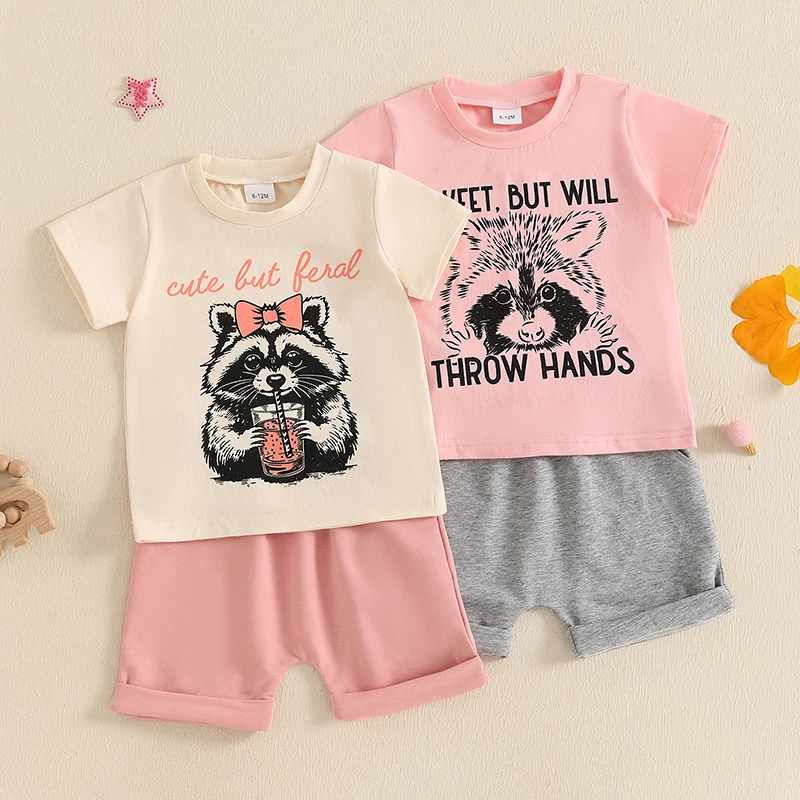 

Toddler Baby Girls Summer Outfit Raccoon Letter Print Short Sleeves T-Shirt and Elastic Shorts Set Cute 2 Piece Clothes
