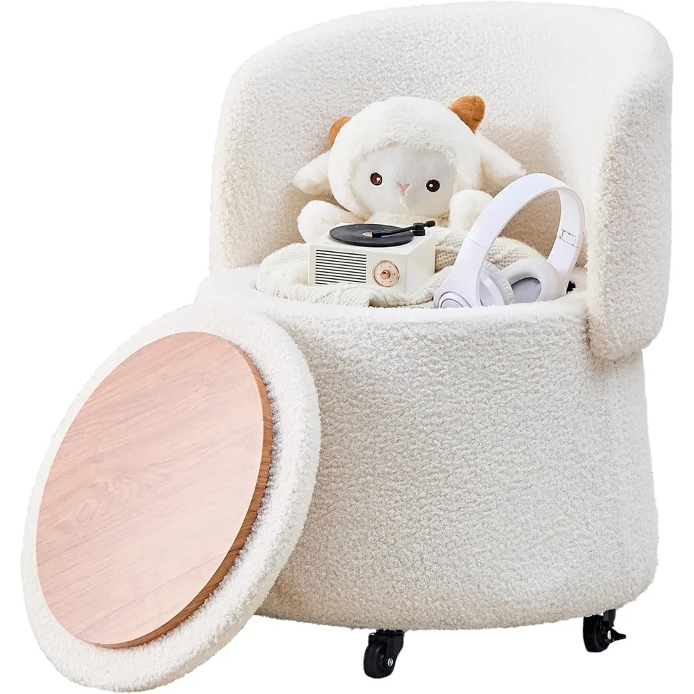 

Storage Ottoman Modern Vanity Stool with Back Teddy Velvet Footstool with 5 Universal Wheels for Extra Seating Small S