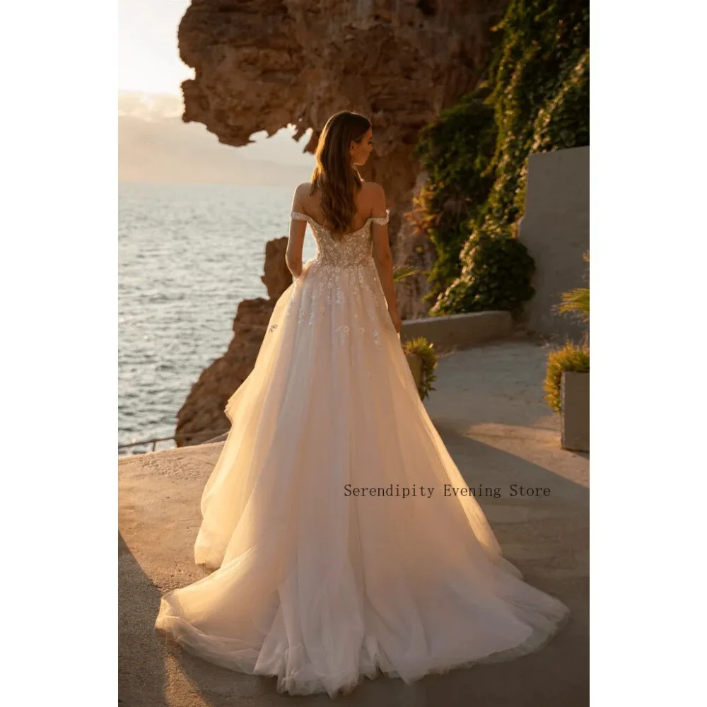Customized Off Shoulder Wedding Dresses 2026 Beaded A Line Romantic Bridal Gown Lace Bodice Tulle Princess Wedding Dress