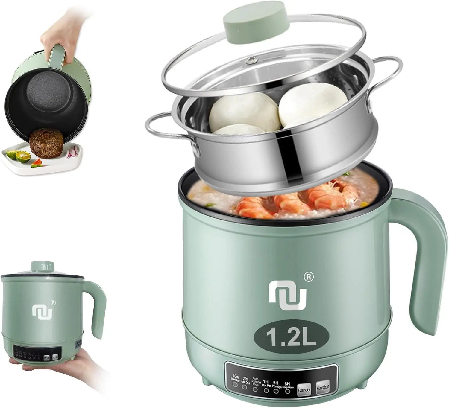 

Smart Mini Hot Pot with Timer and Automatic Shut Off 1.2L Non-Stick Rapid Noodle Cooker w Stainless Steel Steamer Basket 600W