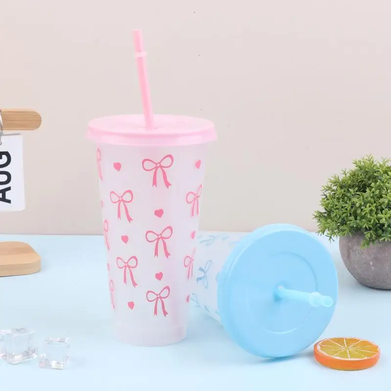 1 قطعة 700 مللي مع الأغطية سيبي الصيف كوب امتصاص الوردي القوس سعة كبيرة زجاجة ماء عصير كوب حليب القدح البارد