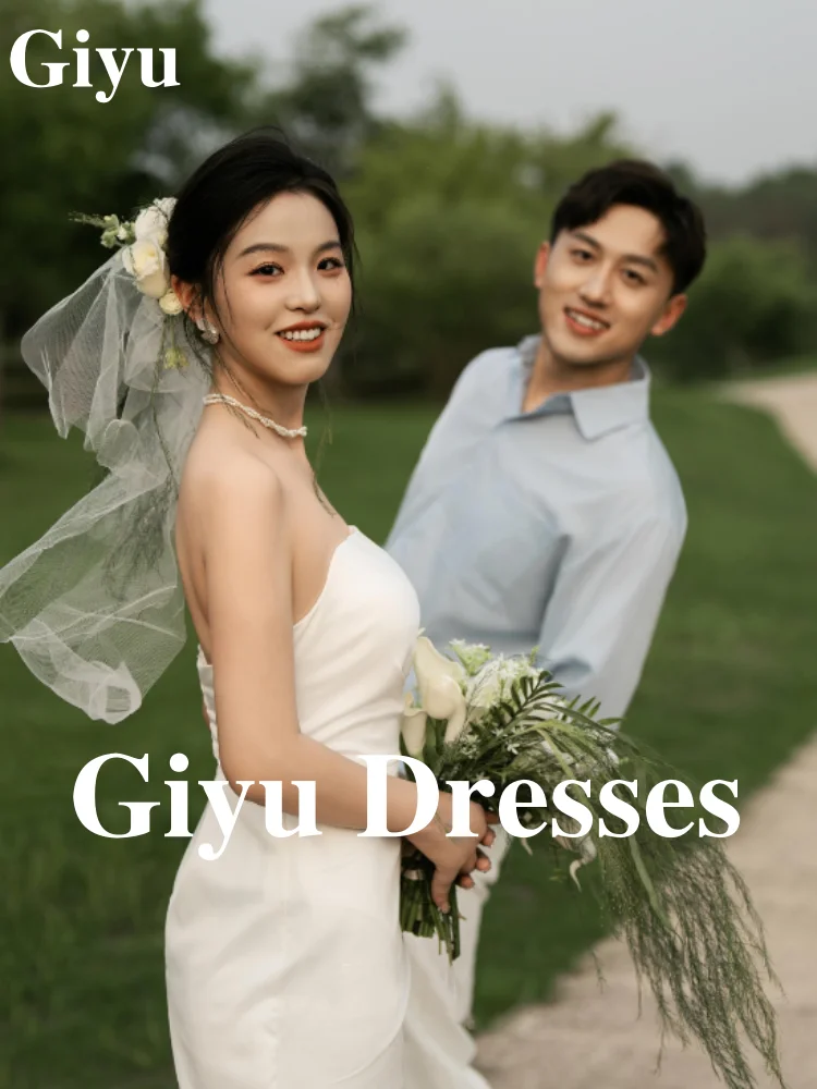 Giyu White Satin Wedding Dresses Korean Women Photography Shooting Off The Shoulder High Waist Split Bridal Gowns Customized