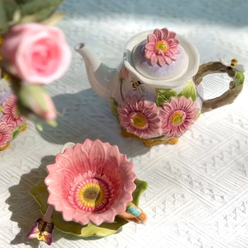 Ceramic Teapot Teacup Sunflower Ceramic Basket Dried Fruit Snack Afternoon Plate Tea Coffee Pot Coffee Cup Home Decoration