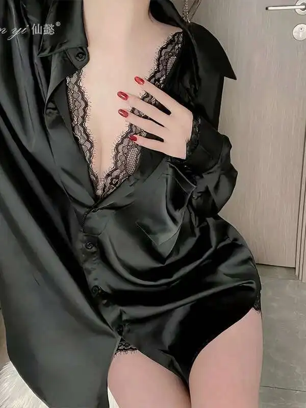 عادية ليوبارد قمصان فضفاضة مثير الرغبة النقية صديقها نمط قميص منامة الدانتيل مثير موحدة قطعتين فستان أنيق K2TS