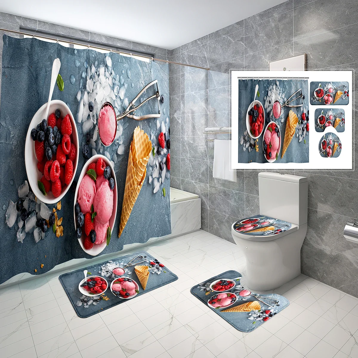4 Pcs Cone Ice Cream Shower Curtain Set Green Background Bathroom Non-Slip Bath Mat Waterproof Shower Curtain Toilet Cover Set