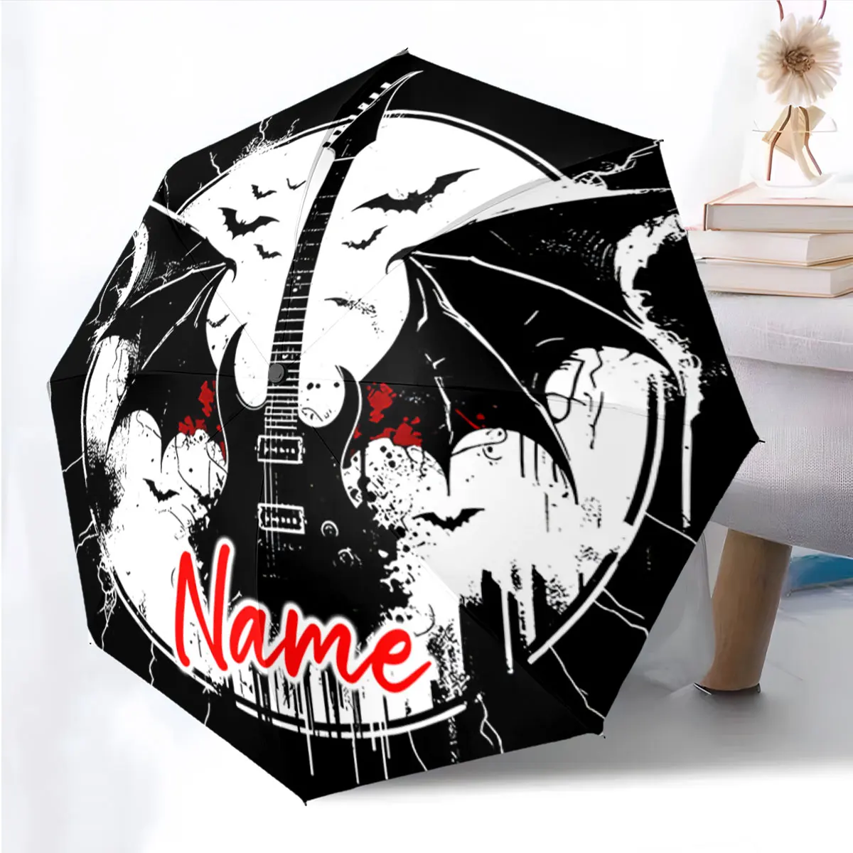 Custom Name Umbrella Guitar and Bat Design on Umbrella Print 8 Iron Ribs Folding Umbrella Auto-Open Fashion Sunshade