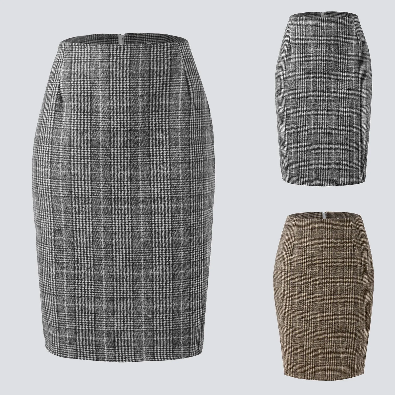 

Pencil Plaid Skirts For Women Fall Winter High Waisted Bodycon Knee Length Wool Midi Skirt With Slit