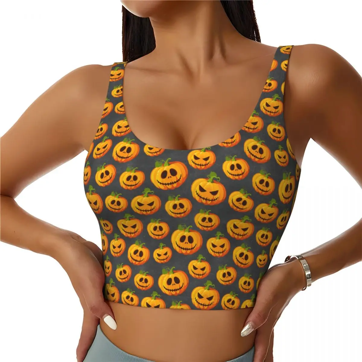 Custom Jack O Lantern Halloween Sports Bra Women's High Impact Workout Yoga Crop Top