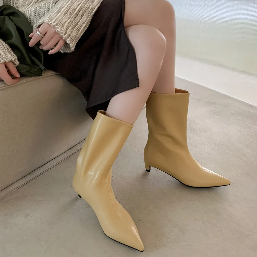 FEDONAS Concise Women Mid-Calf Boots Office Lady Working Genuine Leather Shoes Woman Pointed Toe Thin Heels Mature Autumn Winter