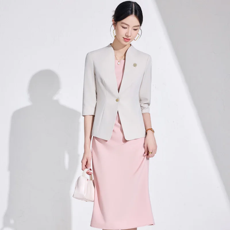 NAVIU 2025 nuevo para mujer elegante traje de desplazamiento moda de oficina Casual media manga delgada chaqueta de un solo botón y vestido Ropa de Trabajo