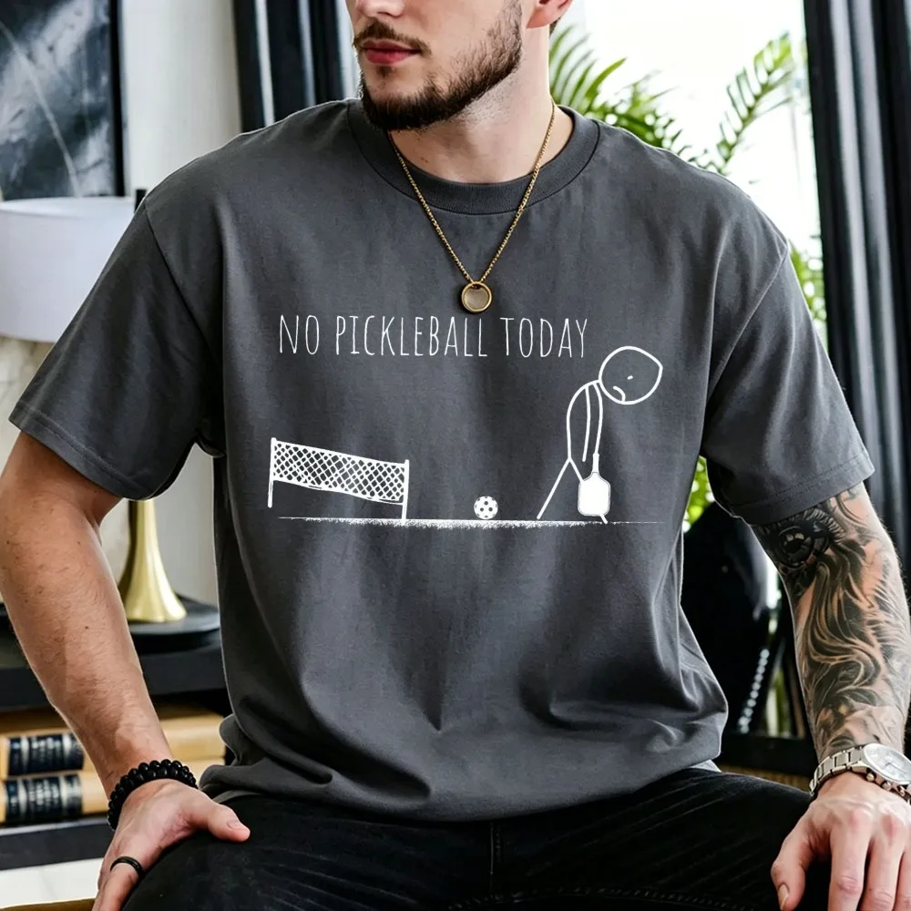 No Pickleball Today Sad Stick Figure Paddle Net Graphic Cotton T-Shirt Unisex Minimalist Funny Sports Slogan Outdoor Gift Tops