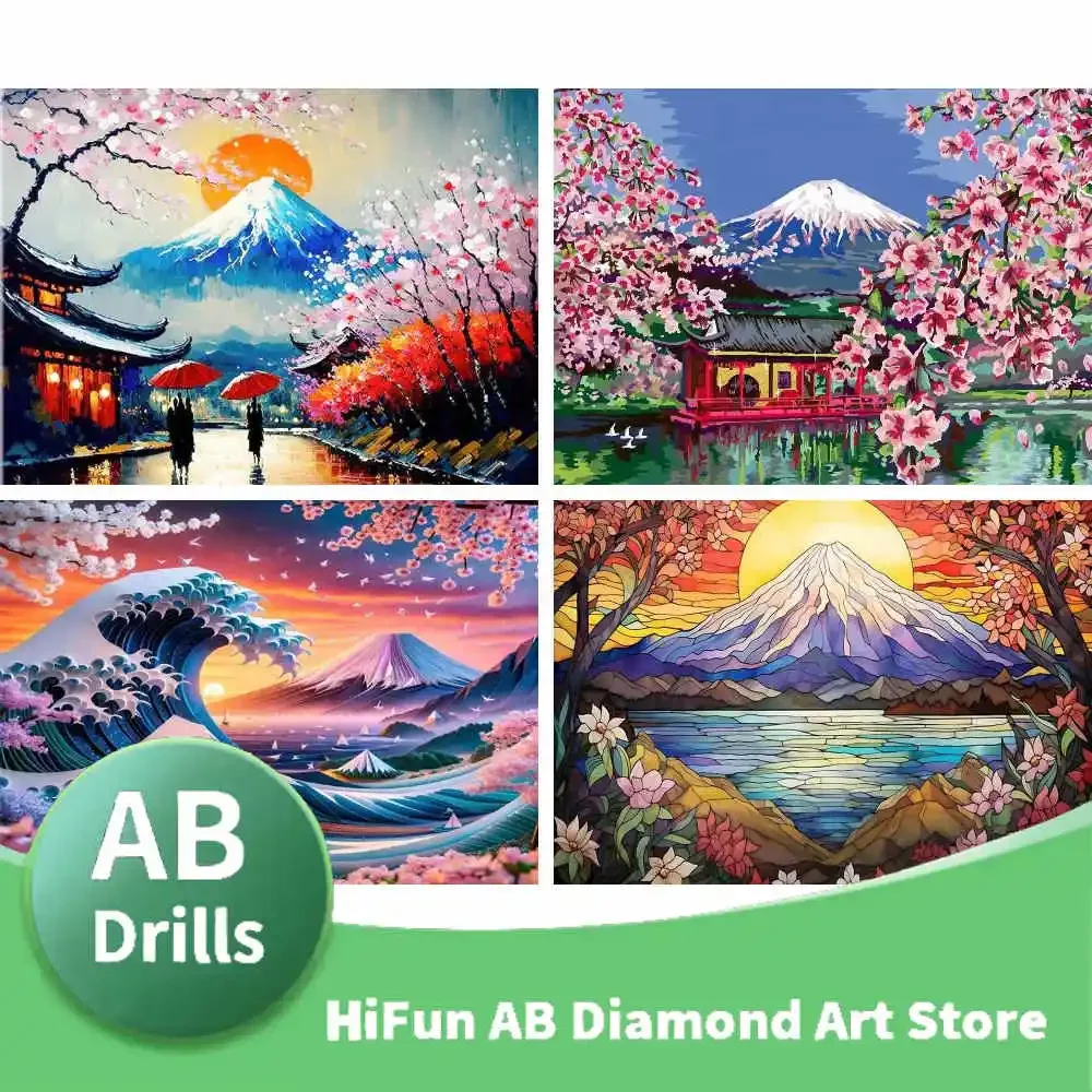 Mount Fuji Scenery,AB Drill 5D DIY Diamond Painting Kit Japanese Landscape Sticker Diamond Embroidery Art Zipper Bag