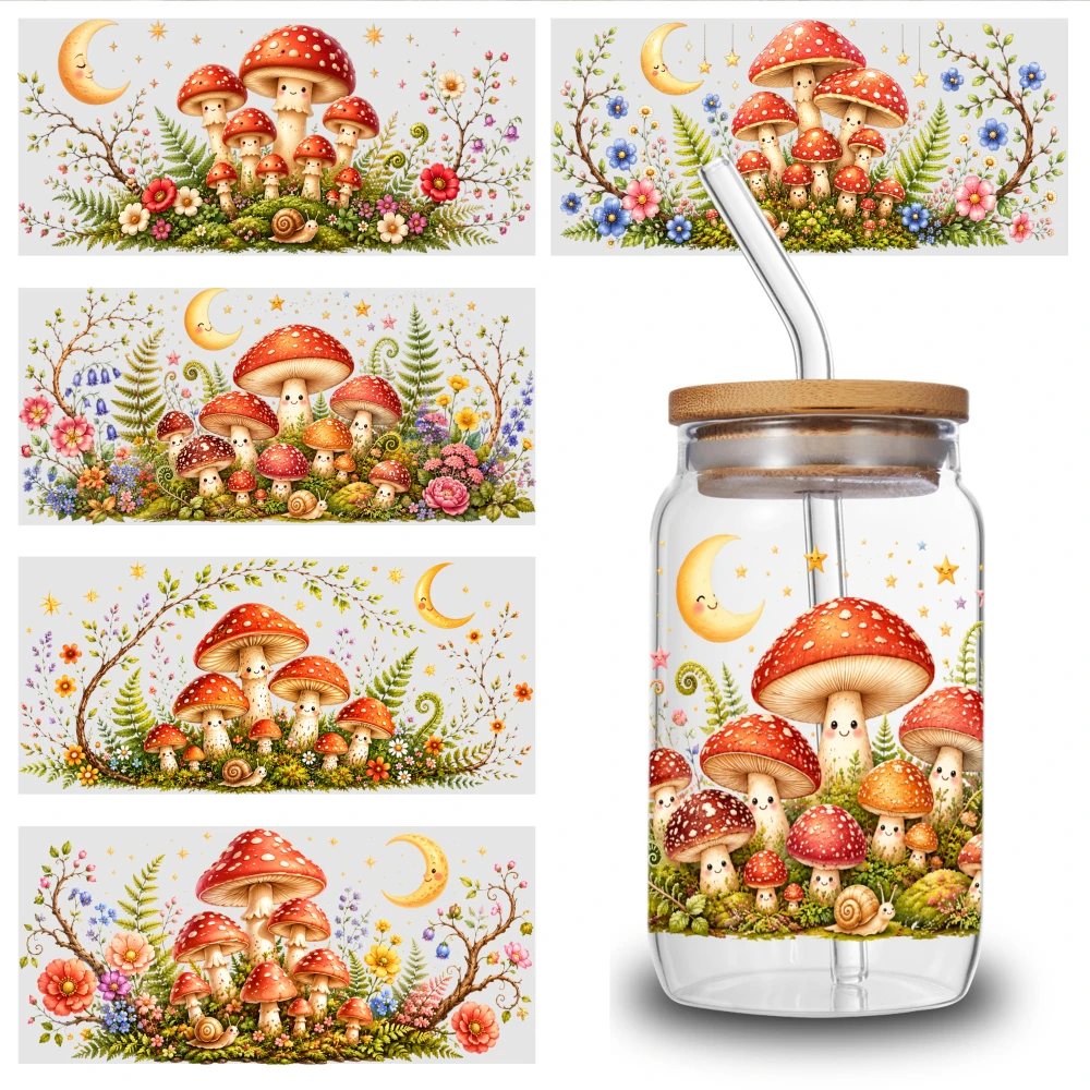 5 Sheets Mushroom Fairy Garden UV DTF Stickers DIY Water Bottle Glass Mug Decoration Gift Suitable for 16 oz Glass