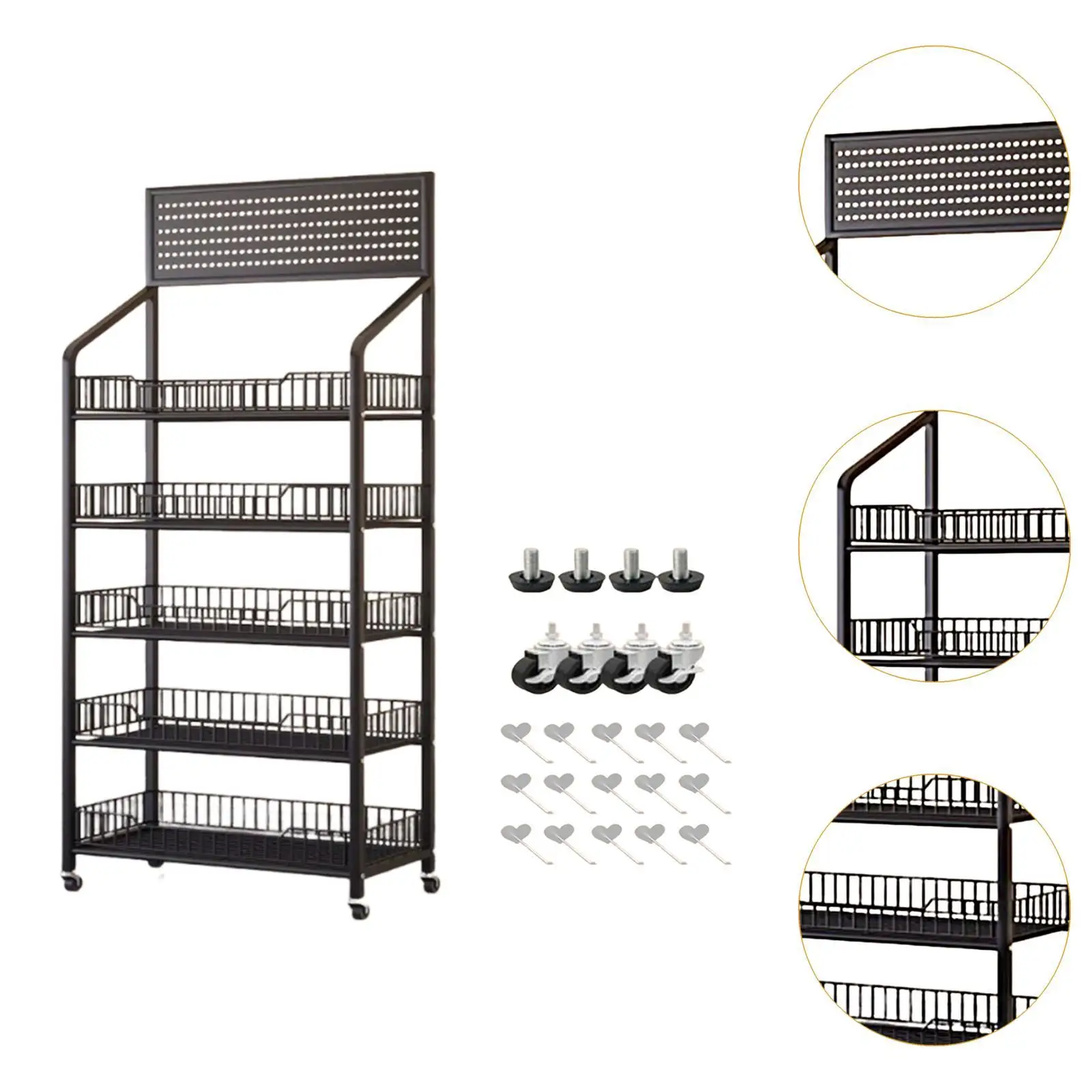 Snack Display Rack Showcase Supermarket Shelving Unit with Hooks Retail Display Rack Stand Display Organizer Metal Storage Shelf