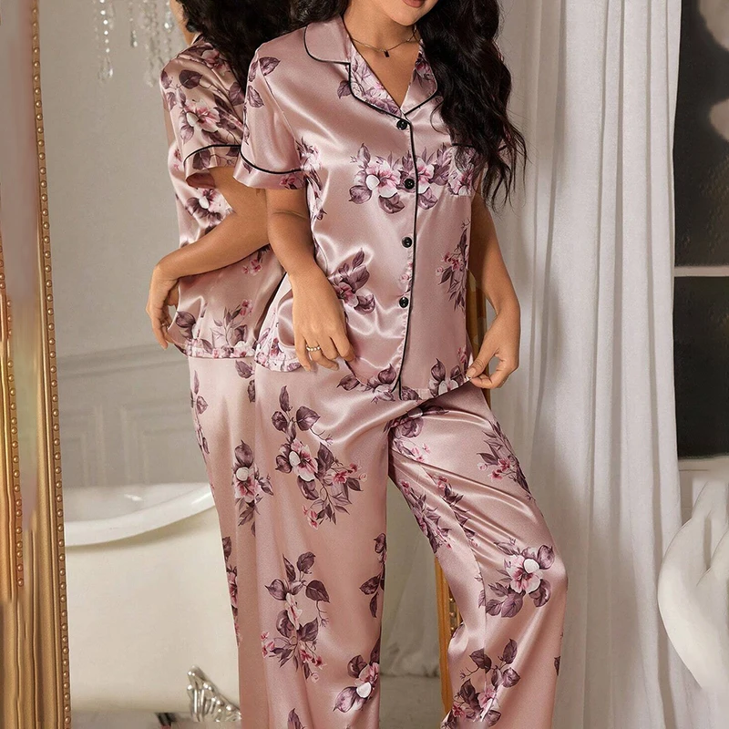 Women\'s Pajama Elegant Satin Lounge Set Flower Print Short Sleeve Buttons Lapel Top & Long Pants Nightwear for Lady Home Clothes