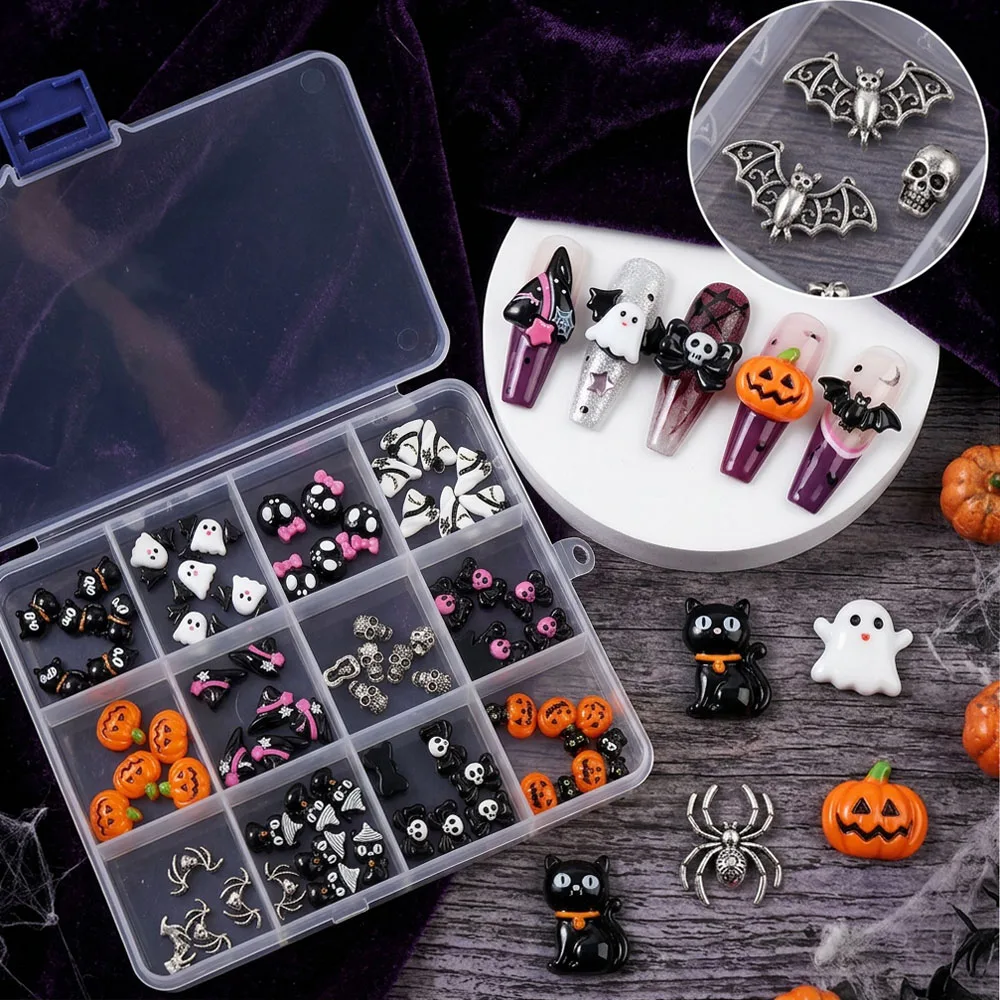15grids Halloween 3D Resin Nail Charms Mixed Cartoon Pink Bow Ghost Bat Pumpkin Skull Nail Decor DIY Sweet Cool Manicure Supplie - view 5