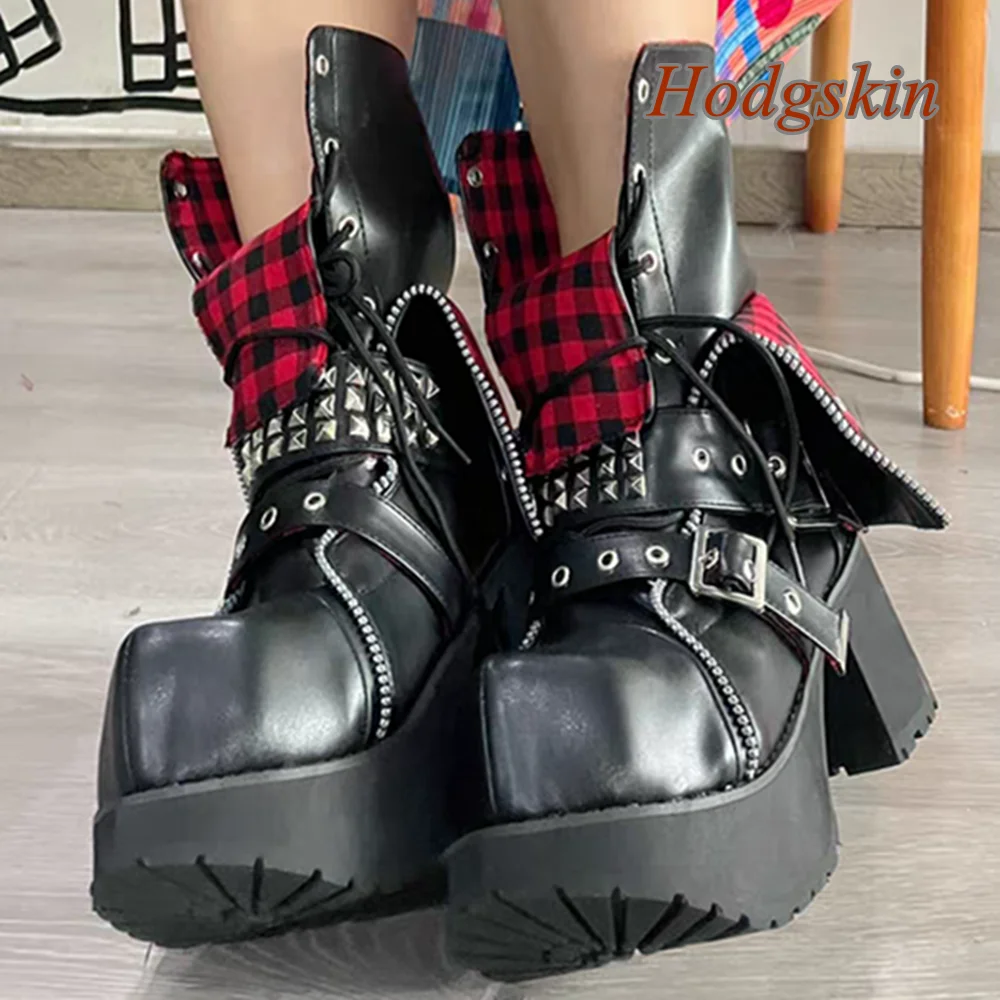 

Platform Side Zipper Patchwork Buckle Strap Boots Chain Chunky Heel Mid Calf Round Toe Boots Fashion Casual 2025 Newest Boots