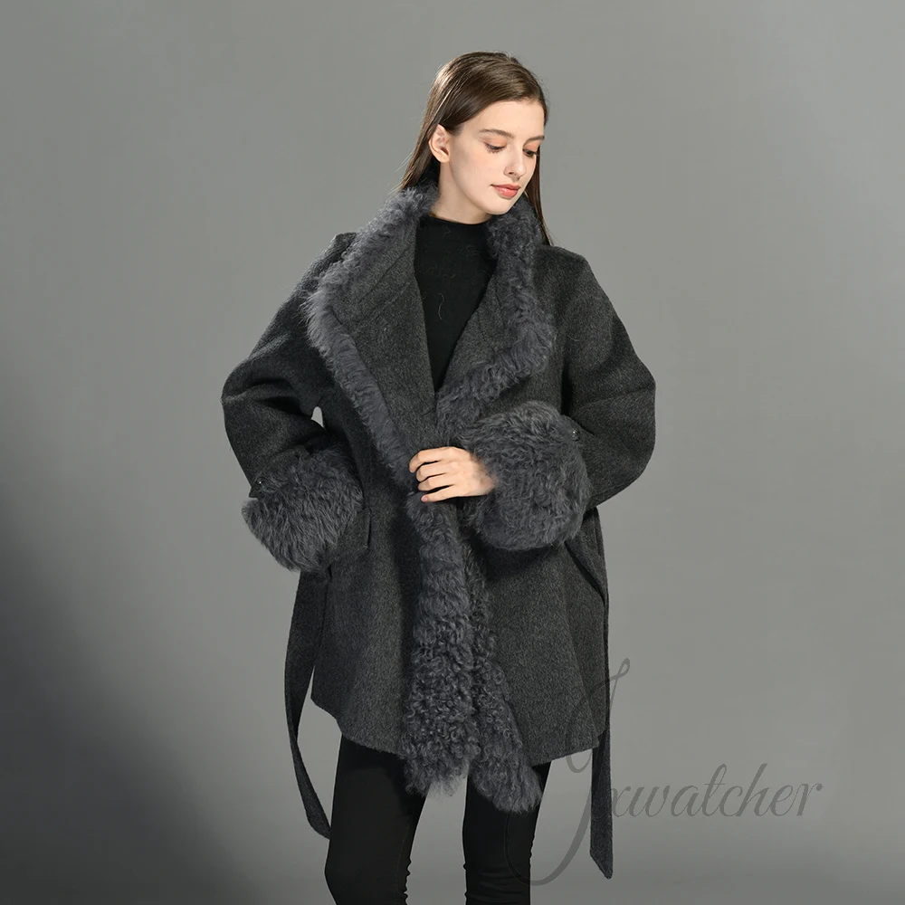 Jxwatcher Women's Wool Trench Coats Real Sheep Fur Trim Elegant Belted Jacket Fall 2026 Winter Coat Female Mid-length Outerwear