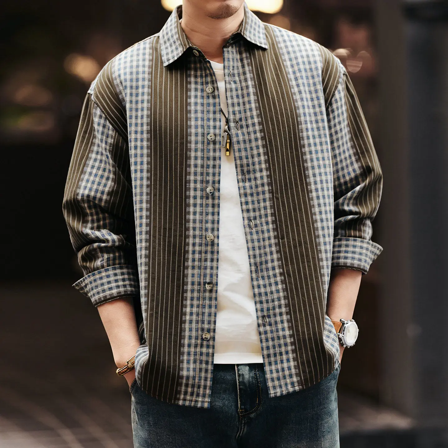 Men's Spring/Summer New Model High-end Retro Contrasting Stripes Shirt - Loose Design Casual Shirt